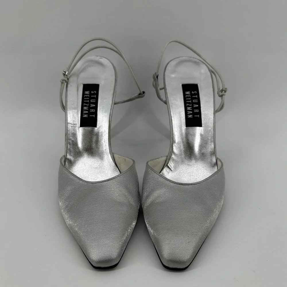 VTG‎ 90s Stuart Weitzman Silver Slingback Heels Retro Chic Aesthetic SZ 10.5